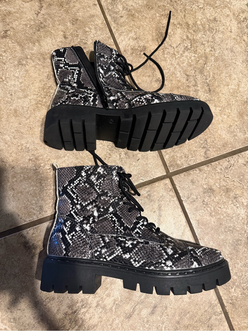 Xappeal Snake-Print Lace-Up Combat Boots - Black/Gray